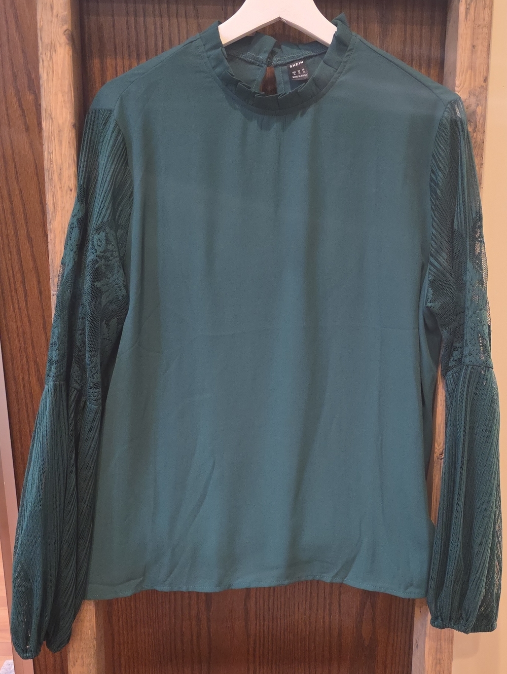 Forest Green Long-Sleeve Lace Panel Blouse